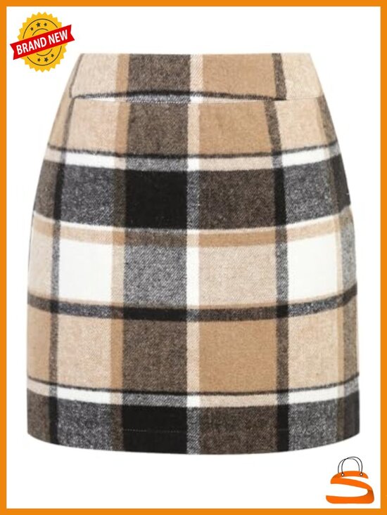 Dresses & Skirts - Wool Blend Plaid Mini Pencil Skirt High Elastic Waist
